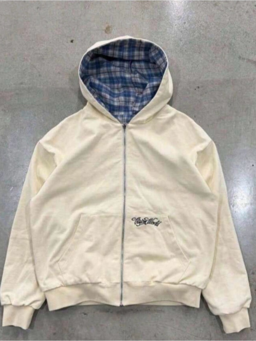 Cream Zip-Up Hooded Jacket with Blue Plaid Lined Hood